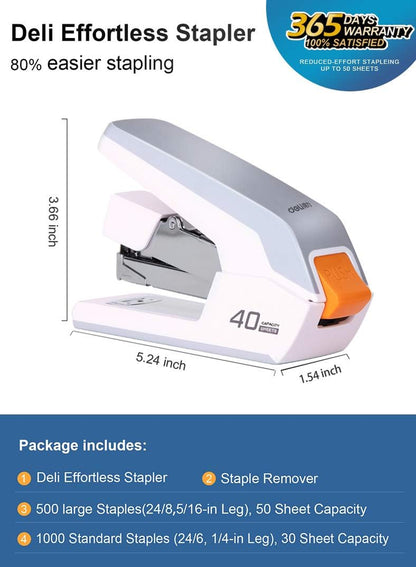 Deli Effortless Desktop Stapler, 40 Sheet Capacity, One Finger Touch Stapling, Easy to Load Ergonomic Heavy Duty Stapler, Includes 1500 Staples and Staple Remover